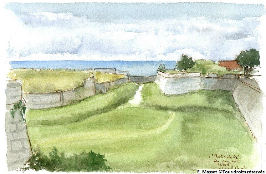 Saint Martin de Ré .Les remparts Vauban. Encre et aquarelle. Août 2018.