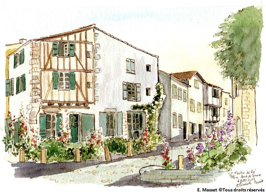 Ile de Ré, Saint Martin de RéPlace Anatole France. Encre et aquarelle. Août 2015