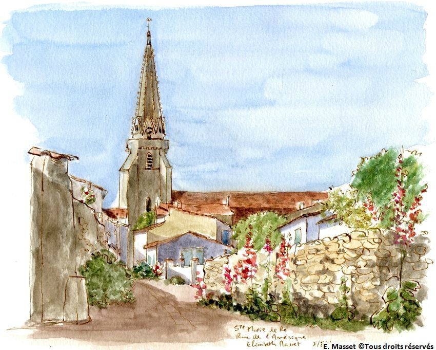 Sainte Marie de Ré.Rue de l'amérique. Un papier pas terrible, qui laisse de grosses traces de pinceau dans le ciel. Encre et aquarelle. Août 2018.