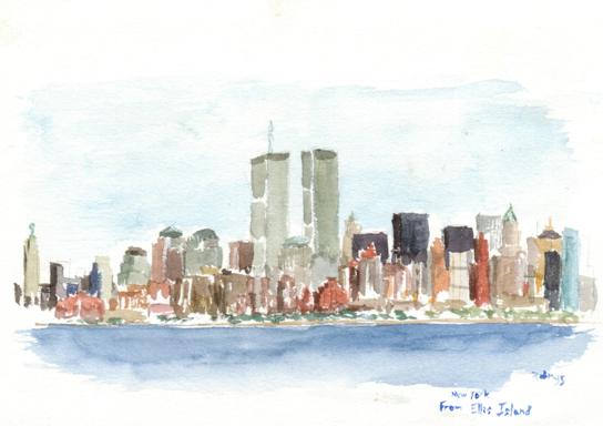 New York, Manhattan depuis Ellis Island.La réalisation est calamiteuse mais ce souvenir...  Août 1995.