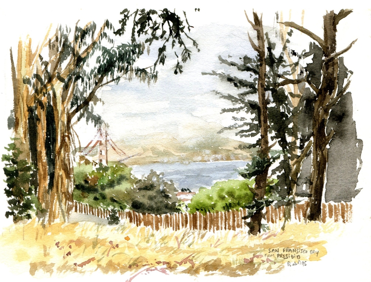 San Francisco, le parc du Presidio avec vaguement, au loin le Golden gate bridge. J'ai adoré San Francisco, je m'étais promis de revenir dessiner les maisons. Cela reste encore à faire. Août 1995.